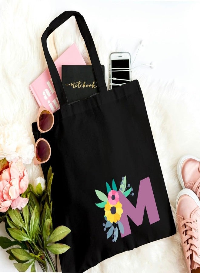 Roundsun Magnetic Button Closure Alphabet Printed Cotton Canvas Vertical Tote Bag | 300 GSM Cloth | No Zipper | No Inner Pocket | Multi-Purpose Bag | Reusable | Eco Friendly Yet Trendy (Alphabet M, Black) - Image 4